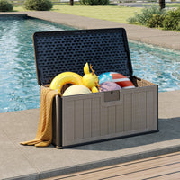 Panca di stoccaggio in resina per interni ed esterni con coperchio bloccabile, 378 L grande cassapanca da giardino da patio Nero e Marrone-Panchine