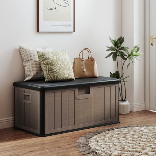 Panca di stoccaggio in resina per interni ed esterni con coperchio bloccabile, 378 L grande cassapanca da giardino da patio Nero e Marrone-Panchine