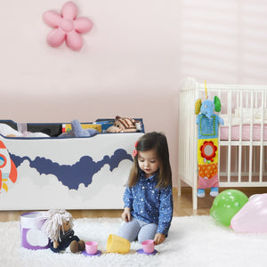 Panca imbottita per riporre i giocattoli per bambini, Organizer con coperchio rimovibile Bianco e blu-Scaffalature