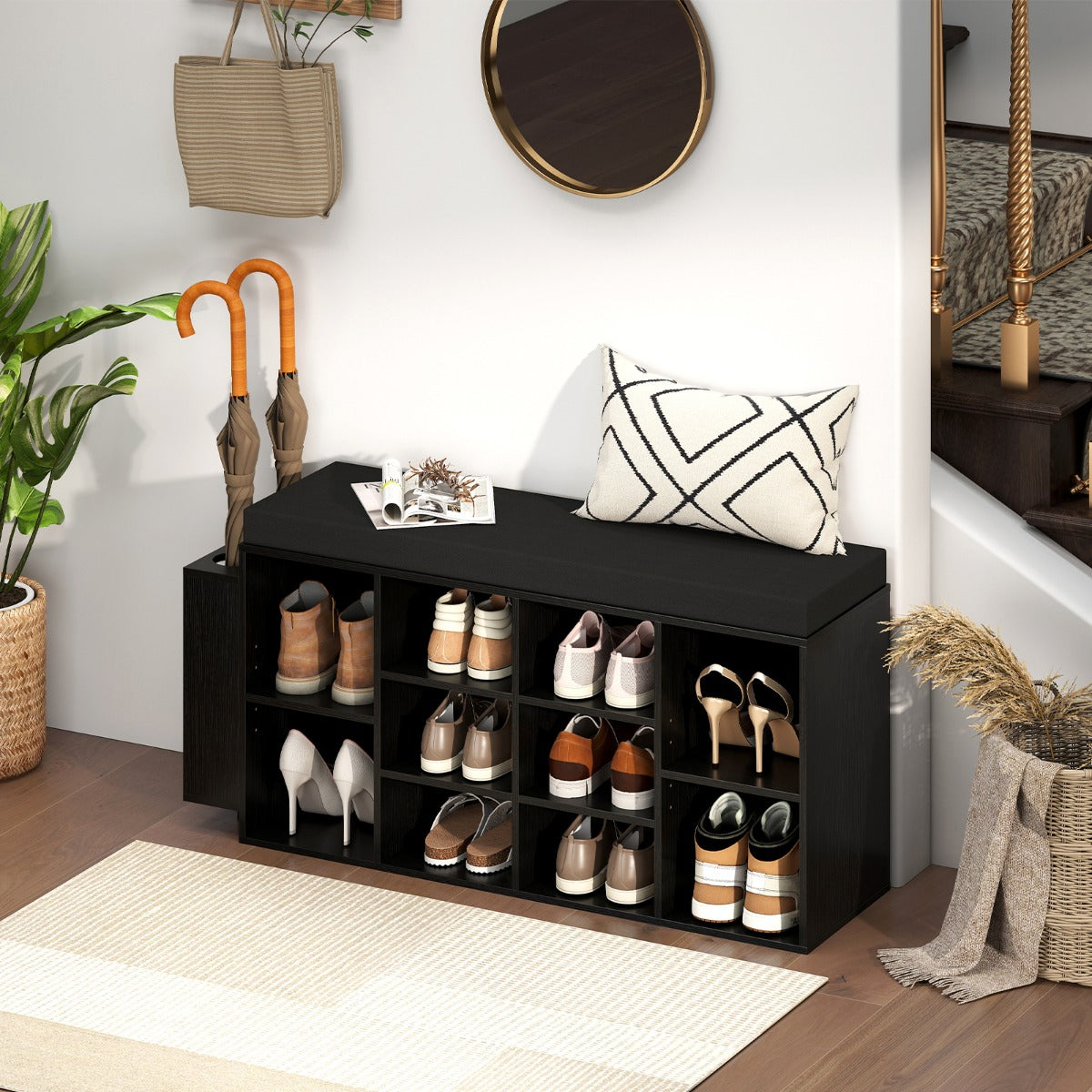 Panca porta scarpe scarpiera a 10 scomparti con seduta imbottita, Panca porta scarpe con portaombrelli Nero-Scarpiere