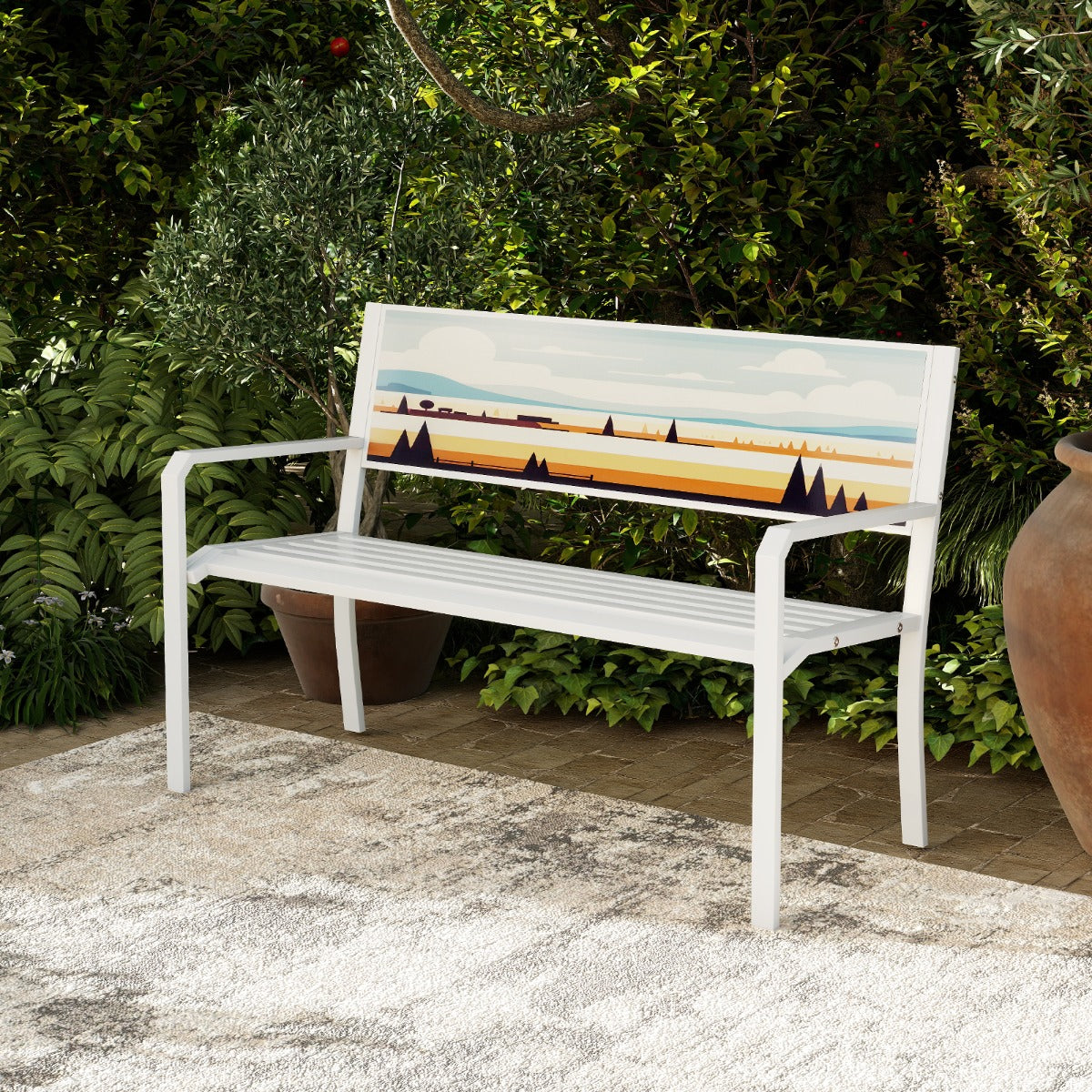 Pancha da giardino sedile a doghe, Panchina per esterno in metallo a 2 posti con schienale decorativo Bianco-Panchine