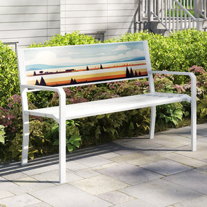 Pancha da giardino sedile a doghe, Panchina per esterno in metallo a 2 posti con schienale decorativo Bianco-Panchine