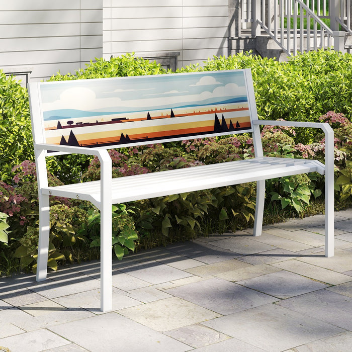 Pancha da giardino sedile a doghe, Panchina per esterno in metallo a 2 posti con schienale decorativo Bianco-Panchine