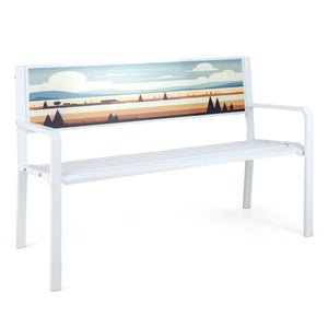 Pancha da giardino sedile a doghe, Panchina per esterno in metallo a 2 posti con schienale decorativo Bianco-Panchine