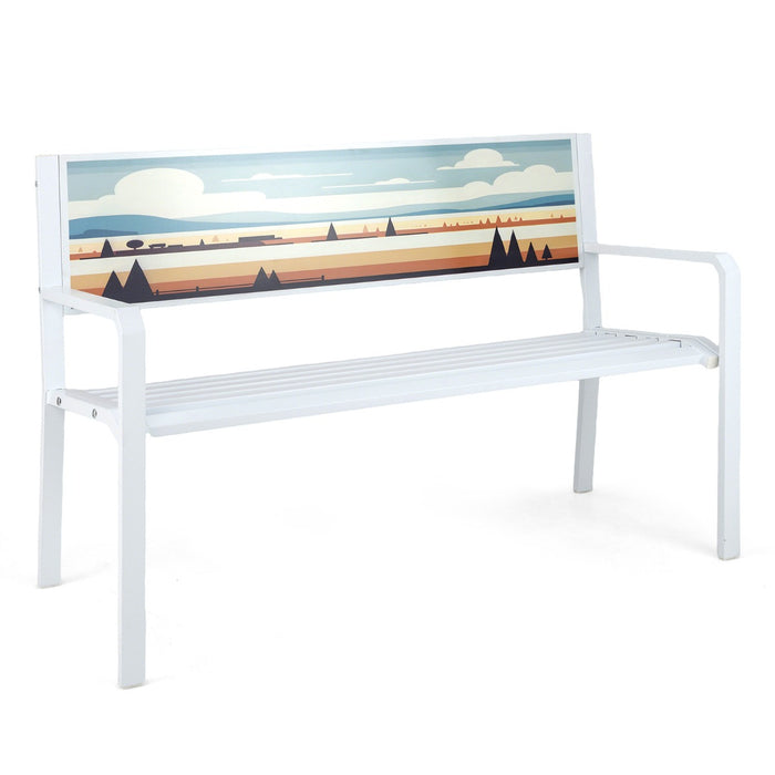 Pancha da giardino sedile a doghe, Panchina per esterno in metallo a 2 posti con schienale decorativo Bianco-Panchine