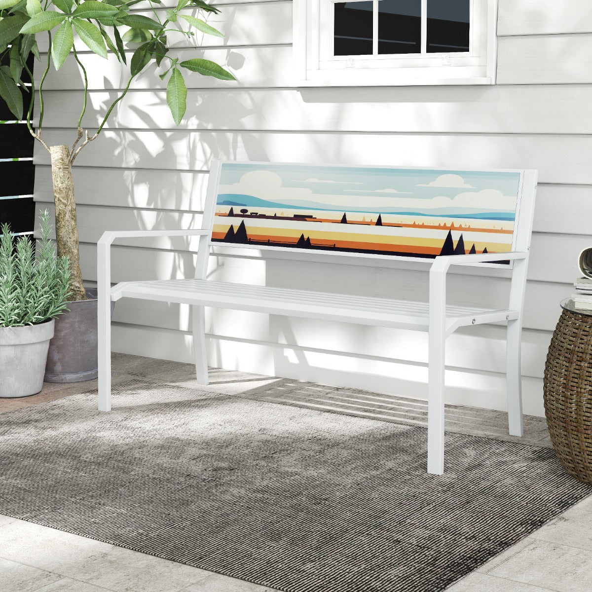 Pancha da giardino sedile a doghe, Panchina per esterno in metallo a 2 posti con schienale decorativo Bianco-Panchine