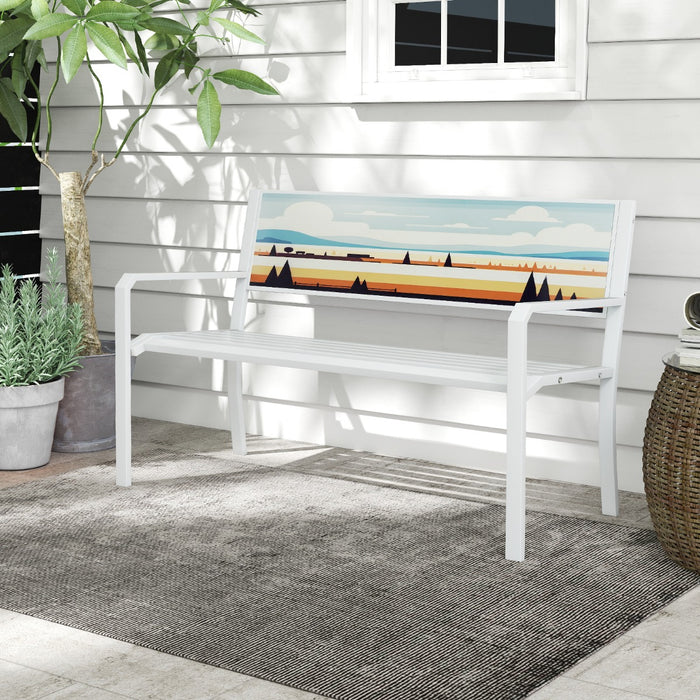 Pancha da giardino sedile a doghe, Panchina per esterno in metallo a 2 posti con schienale decorativo Bianco-Panchine