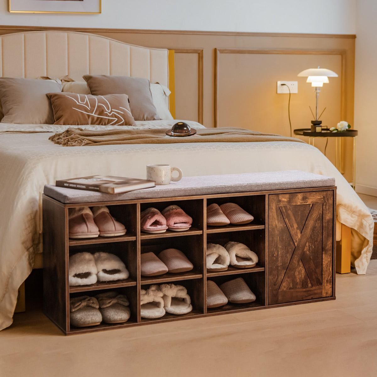 Panchina con ripiano per scarpe con cuscino imbottito e 9 cubi-Scarpiera a 3 livelli con ripiani regolabili Marrone