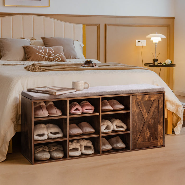 Panchina con ripiano per scarpe con cuscino imbottito e 9 cubi-Scarpiera a 3 livelli con ripiani regolabili Marrone