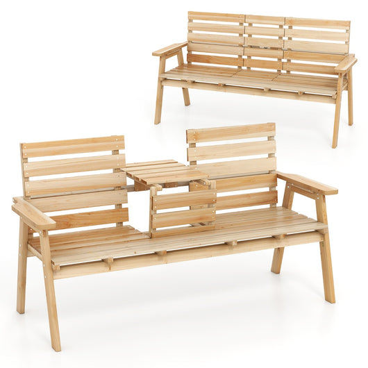 Panchina da giardino in legno di abete con tavolino pieghevole al centro, Panchina da esterno per 2-3 persone Naturale-Panchine