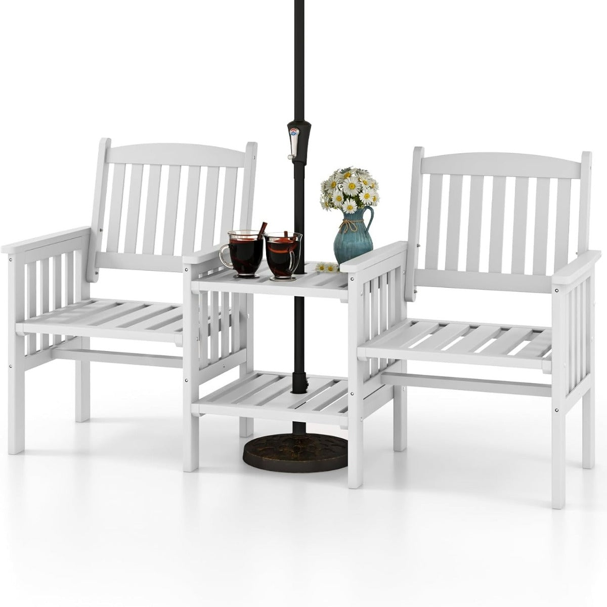 Panchina da giardino in legno di abete con tavolino a 2 ripiani e foro per ombrellone-Panchina per 2 persone Bianco