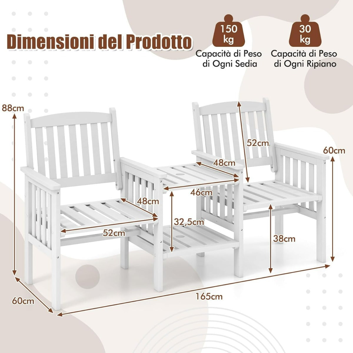 Panchina da giardino in legno di abete con tavolino a 2 ripiani e foro per ombrellone-Panchina per 2 persone Bianco
