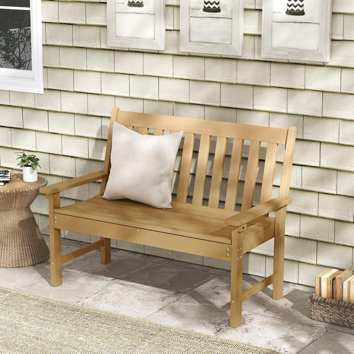 Panchina per 2 persone da esterno con schienale e braccioli, Panchina da giardino in HDPE resistente Naturale-Panchine