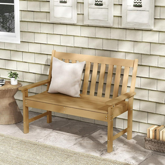 Panchina per 2 persone da esterno con schienale e braccioli, Panchina da giardino in HDPE resistente Naturale-Panchine