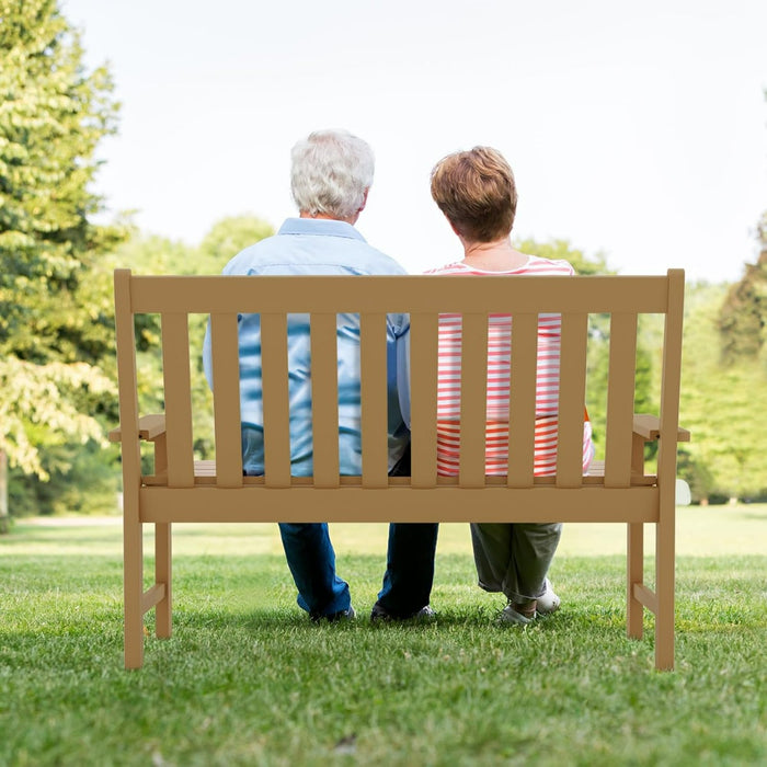 Panchina per 2 persone da esterno con schienale e braccioli, Panchina da giardino in HDPE resistente Naturale-Panchine
