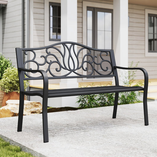 Panchina da giardino in metallo di panchina resistente alle intemperie per 2 persone, Panca da balcone in metallo Nero-Panchine