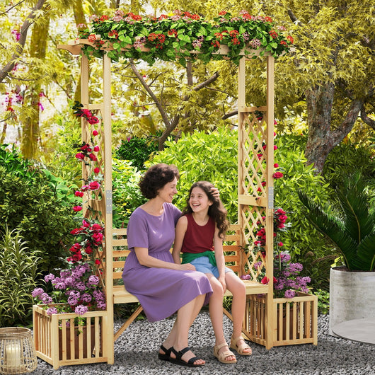 Panchina in legno da esterno con pergolato traliccio per piante rampicanti, Panchina da giardino con arco arborato Naturale-Panchine