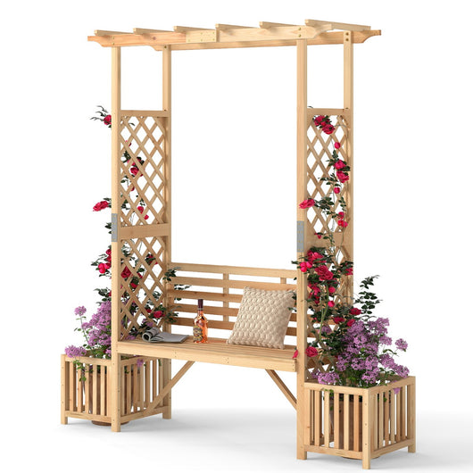 Panchina in legno da esterno con pergolato traliccio per piante rampicanti, Panchina da giardino con arco arborato Naturale-Panchine