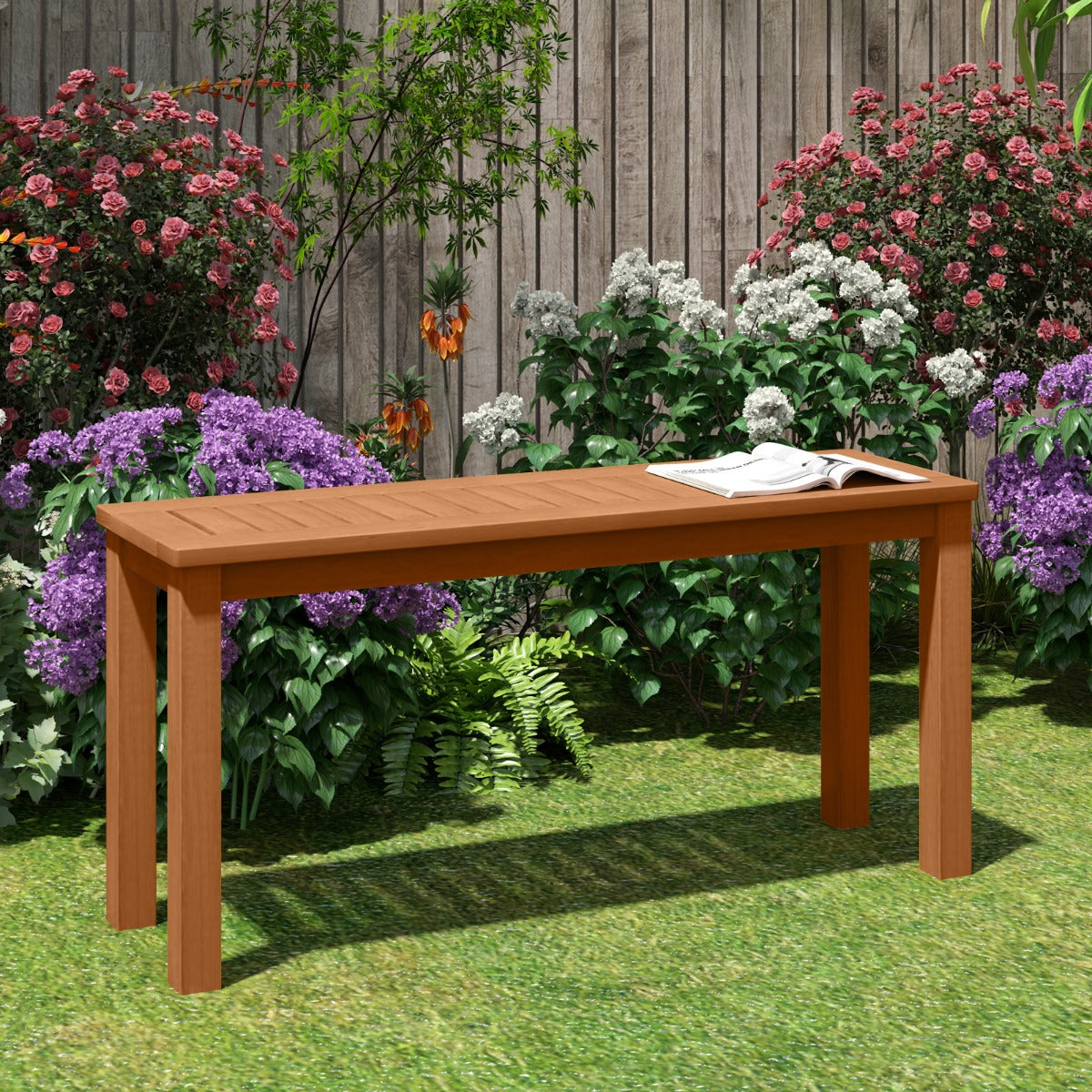 Panchina in legno da esterno con sedile a listoni, Panchina da pranzo senza schienale per patio Naturale-Panchine