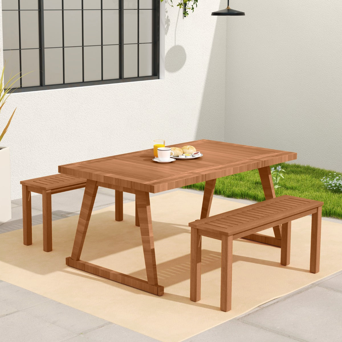 Panchina in legno da esterno con sedile a listoni, Panchina da pranzo senza schienale per patio Naturale-Panchine