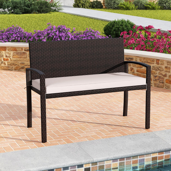 Panchina in rattan per patio da esterno con schienale e braccioli per giardino, Panca in vimini a 2 posti Bianco-Panchine