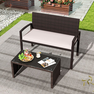 Panchina in rattan per patio da esterno con schienale e braccioli per giardino, Panca in vimini a 2 posti Bianco-Panchine