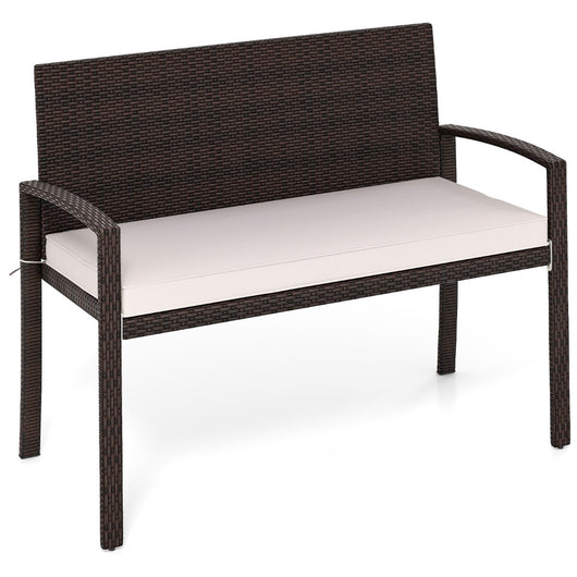 Panchina in rattan per patio da esterno con schienale e braccioli per giardino, Panca in vimini a 2 posti Bianco-Panchine