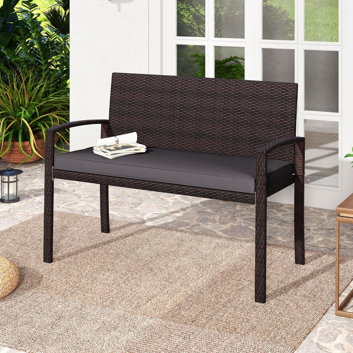 Panchina in rattan per patio da esterno con schienale e braccioli per giardino, Panca in vimini a 2 posti Grigio-Panchine