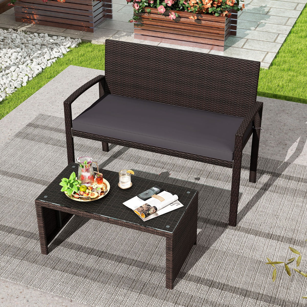 Panchina in rattan per patio da esterno con schienale e braccioli per giardino, Panca in vimini a 2 posti Grigio-Panchine