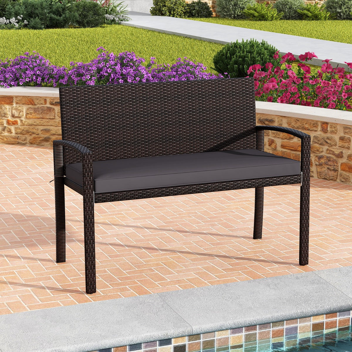 Panchina in rattan per patio da esterno con schienale e braccioli per giardino, Panca in vimini a 2 posti Grigio-Panchine