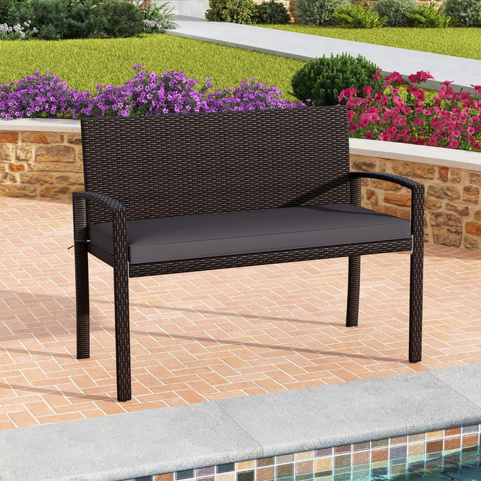 Panchina in rattan per patio da esterno con schienale e braccioli per giardino, Panca in vimini a 2 posti Grigio-Panchine