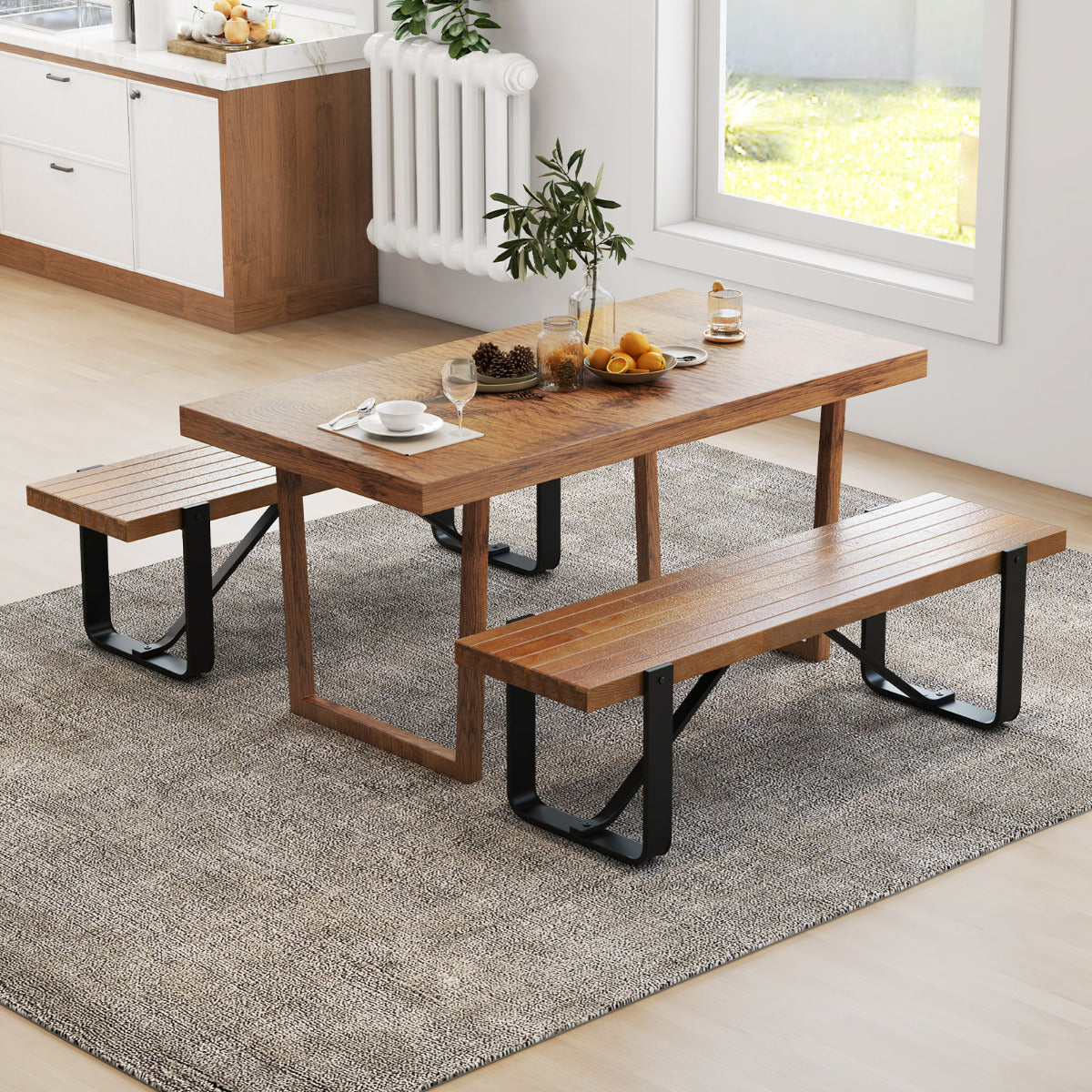 Panchina per ingresso lunga 152,5cm con struttura in metallo portata di 300kg, Panchina per corridoio in legno Naturale-Panchine