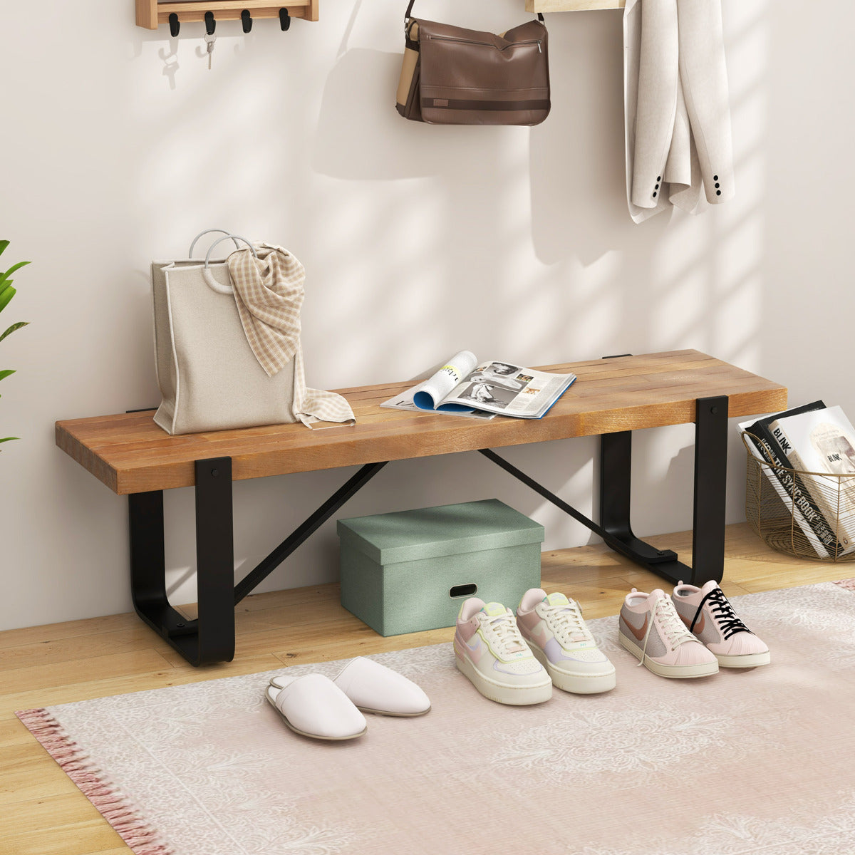 Panchina per ingresso lunga 152,5cm con struttura in metallo portata di 300kg, Panchina per corridoio in legno Naturale-Panchine