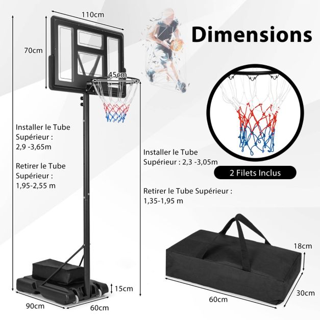 Canestro da basket autoportante con altezza regolabile su 11 livelli 135-305 cm Set basket con base ricaricabile 20_0008972