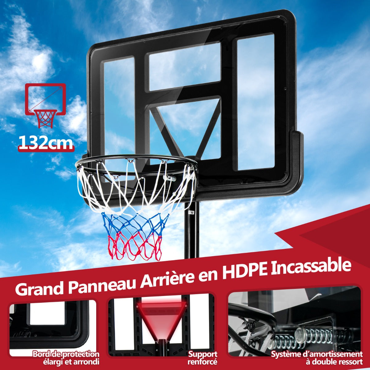 Canestro da basket outdoor con altezza regolabile 130-305 cm Supporto basket autoportante con tabellone e rete in HDPE, base riempibile e 2 ruote 20_0006326
