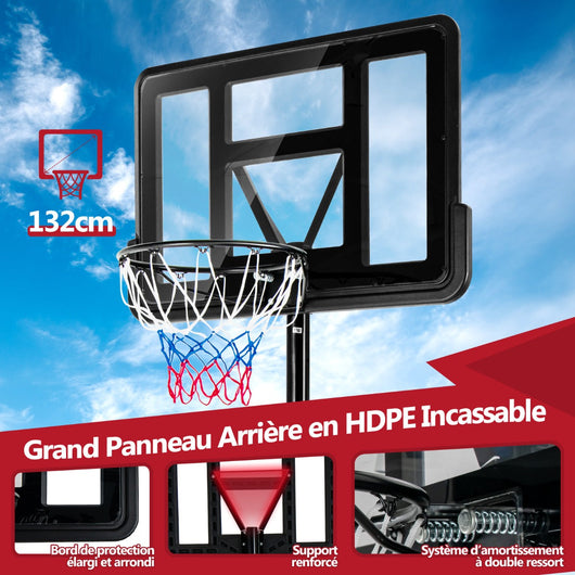 Canestro da basket outdoor con altezza regolabile 130-305 cm Supporto basket autoportante con tabellone e rete in HDPE, base riempibile e 2 ruote 20_0006326