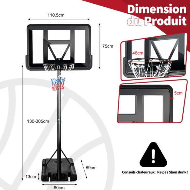 Canestro da basket outdoor con altezza regolabile 130-305 cm Supporto basket autoportante con tabellone e rete in HDPE, base riempibile e 2 ruote 20_0006326