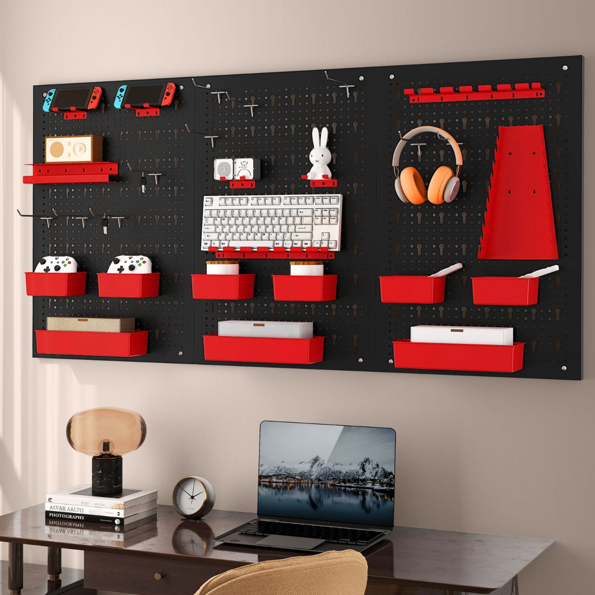 Scaffale porta componenti con 9 contenitori-Organizzatore da parete con pannello forato Rosso