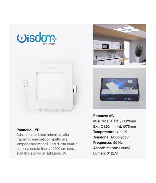 Pannello A Led Tondo O Quadrato Ad Da Incasso Luce Fredda Calda Neutra Wisdom  -bianco Naturale-6 Watt -quadrato    -