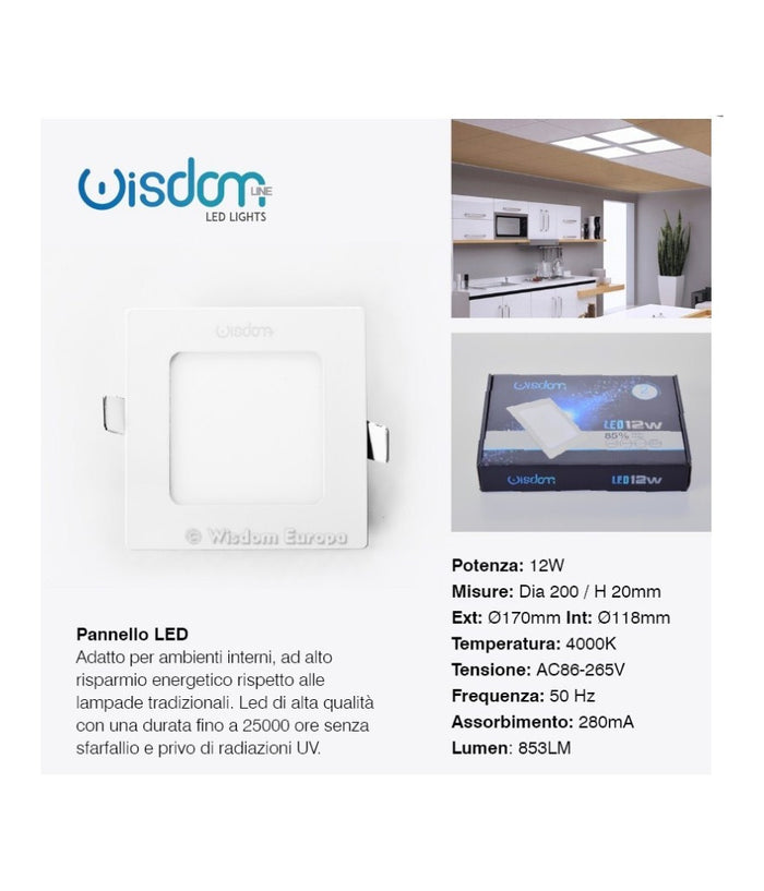 Pannello A Led Tondo O Quadrato Ad Da Incasso Luce Fredda Calda Neutra Wisdom  -bianco Freddo-12 Watt -quadrato    -