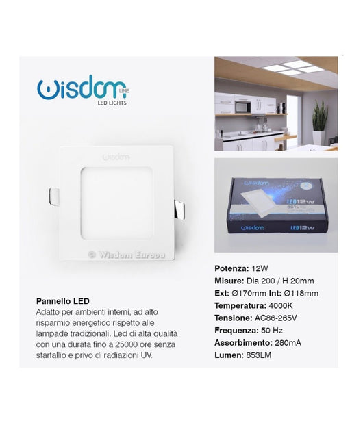 Pannello A Led Tondo O Quadrato Ad Da Incasso Luce Fredda Calda Neutra Wisdom  -bianco Caldo-12 Watt -quadrato    -