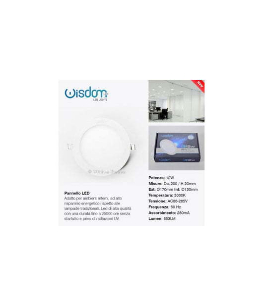Pannello A Led Tondo O Quadrato Ad Da Incasso Luce Fredda Calda Neutra Wisdom  -bianco Naturale-12 Watt -tondo    -