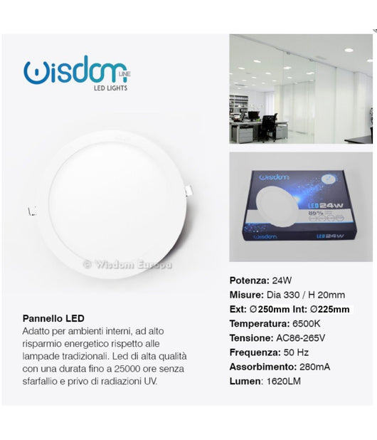 Pannello A Led Tondo O Quadrato Ad Da Incasso Luce Fredda Calda Neutra Wisdom  -bianco Caldo-24 Watt -tondo    -