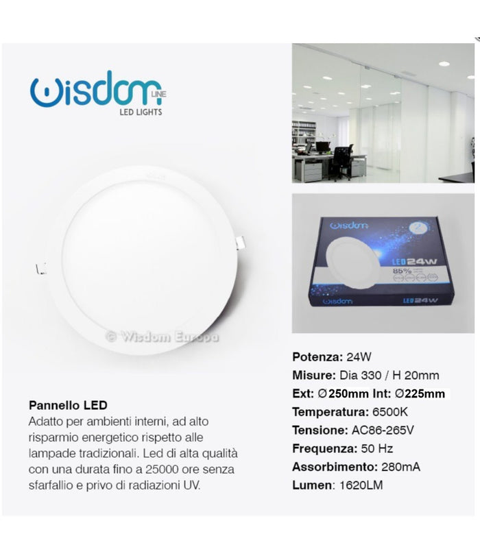 Pannello A Led Tondo O Quadrato Ad Da Incasso Luce Fredda Calda Neutra Wisdom  -bianco Caldo-24 Watt -tondo    -