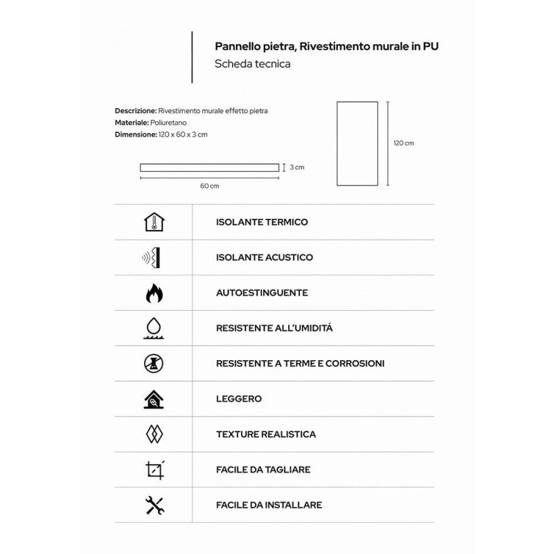 Pannello decorativo effetto roccia pietra 3D set 10 pz 7,2 mt2 rivestimento murale in PU 120 x 60 x 3 Grigio Vulcano
