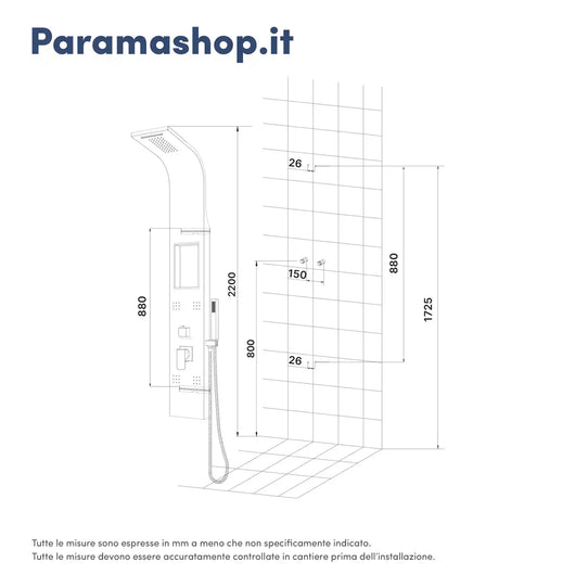 Pannello doccia in acciaio spazzolato con doccino, cascata e getti idromassaggio | Baatara