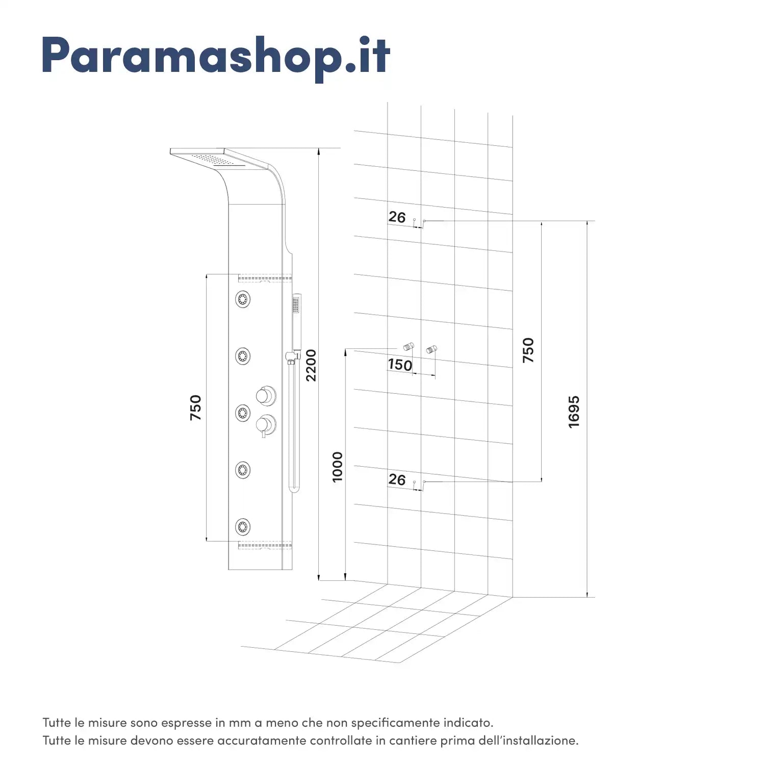 Pannello doccia curvo in acciaio cromato, con cascata, doccino, 5 getti, 4 funzioni| Ninfe