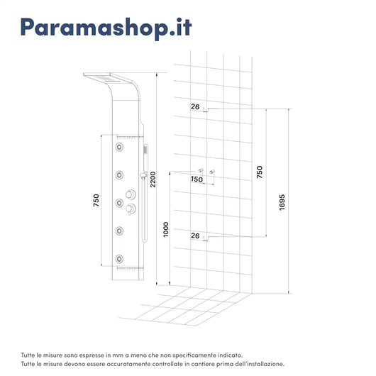Pannello doccia curvo in acciaio cromato, con cascata, doccino, 5 getti, 4 funzioni| Ninfe