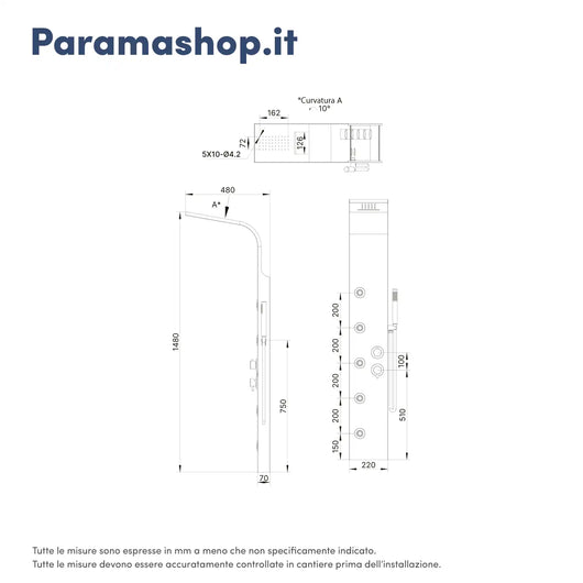 Pannello doccia curvo in acciaio cromato, con cascata, doccino, 5 getti, 4 funzioni| Ninfe