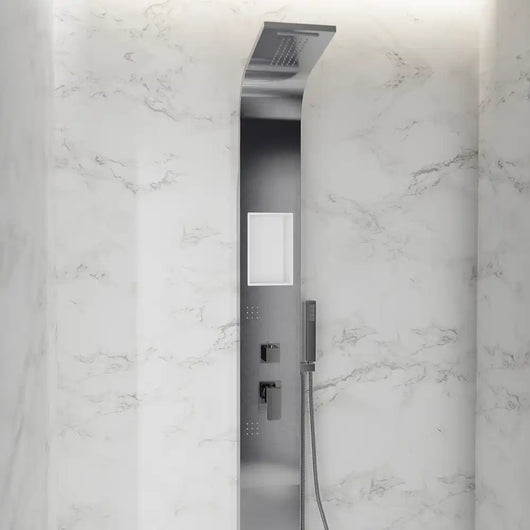 Pannello doccia in acciaio spazzolato con doccino, cascata e getti idromassaggio | Baatara